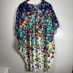 Winlar Long Kaftan Mumu Dress Swim Cover Festival Colorful Floral Watercolor O/S